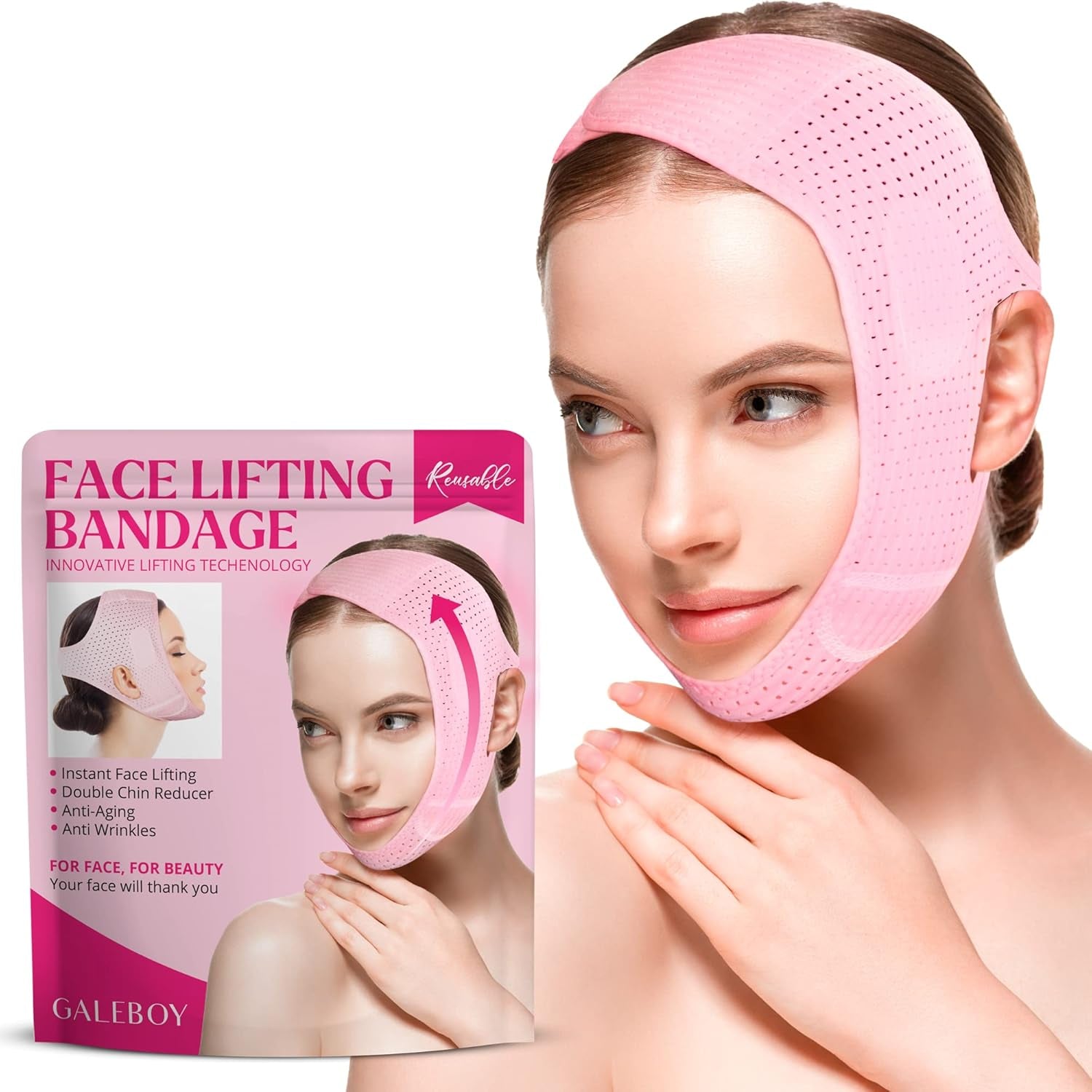 Reusable Double Chin Reducer- V Line Mask -Double Chin Remover-Facial Slimming Chin Strap-Chin up Mask Face Lifting Belt V Shaped Slimming Face Mask, Pink