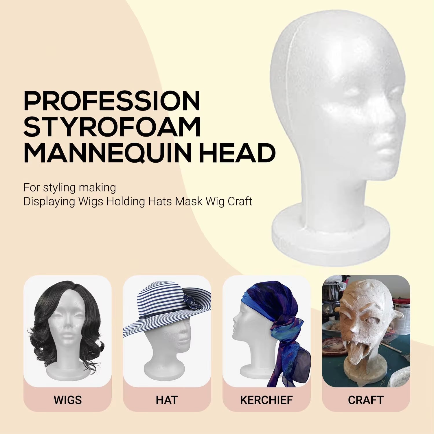White Styrofoam Mannequin Head - Lightweight, Ideal for Styling, Displaying Wigs
