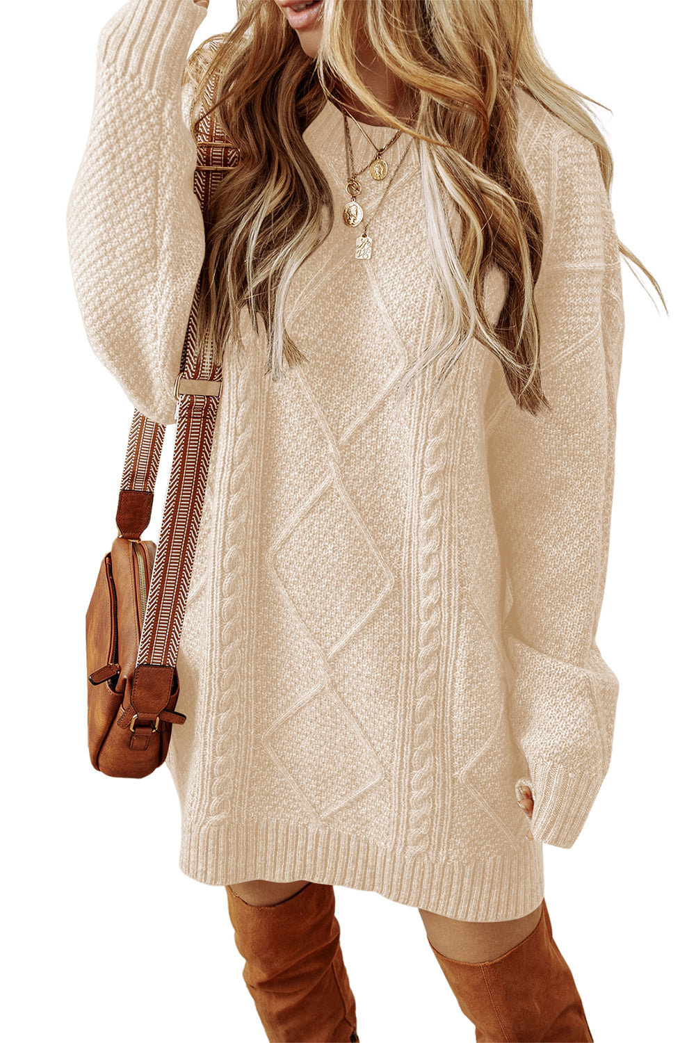 Parchment Cable Knit Drop Shoulder Loose Fit Sweater Dress