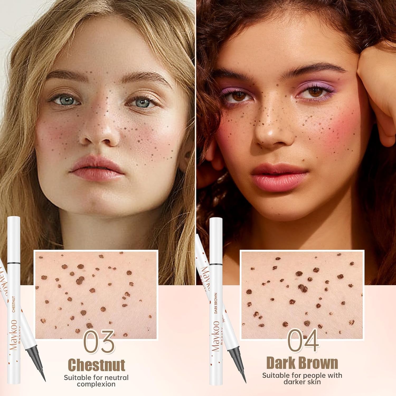 4 Colors Freckle Pen, Natural Lifelike Face Fake Freckle Makeup Pen Waterproof Long Lasting Quick Dry 0.1 Mm Ultra-Fine Faux Freckles 4 Pack - Light Brown, Natural Coffee, Chestnut, Dark Brown