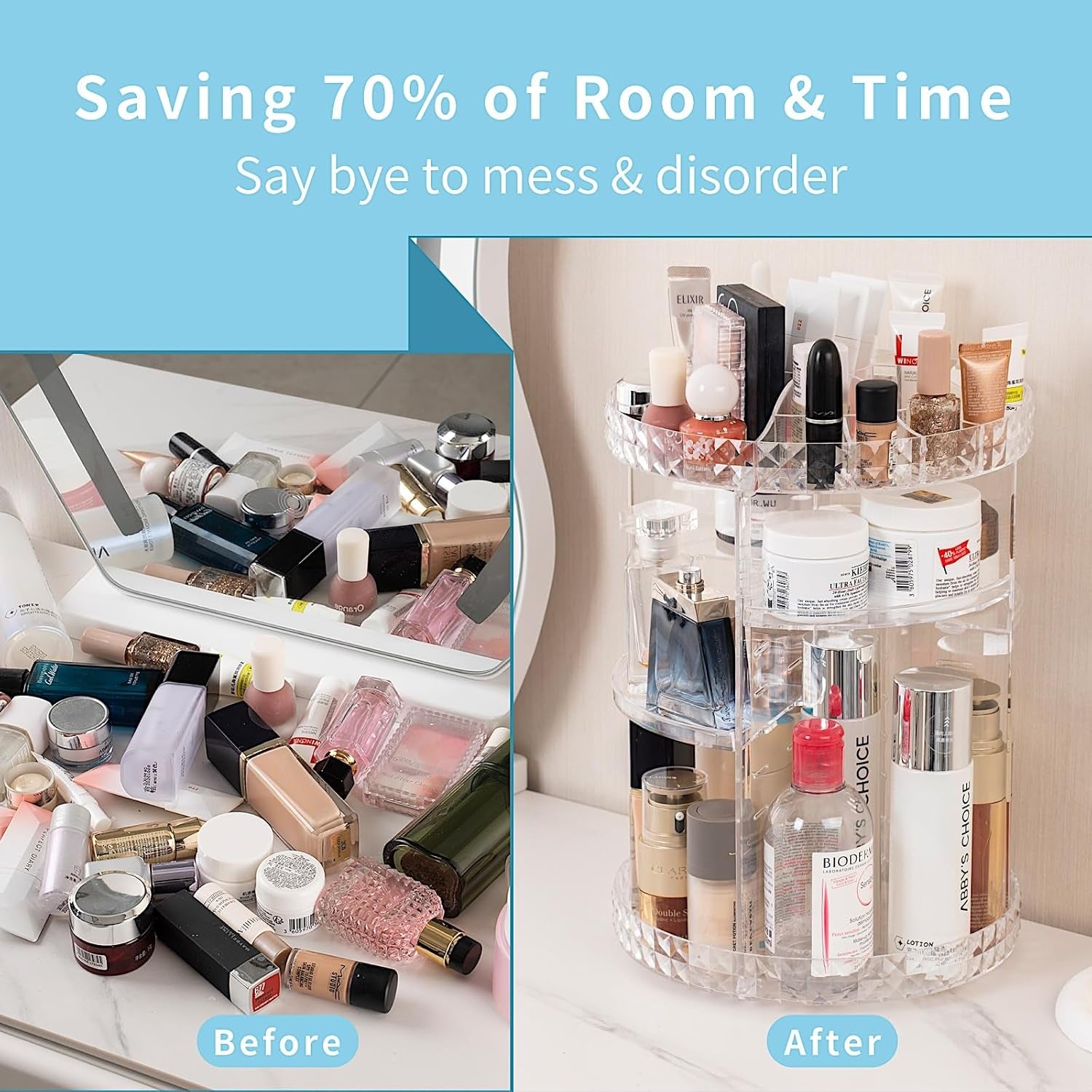 360 Rotating Makeup Organizer Perfume Organizer Clear Cosmetic Storage Display Case Large Capacity Acrylic Beauty Holder Adjustable Partition Height for Bedroom Dresser or Bathroom Vanity
