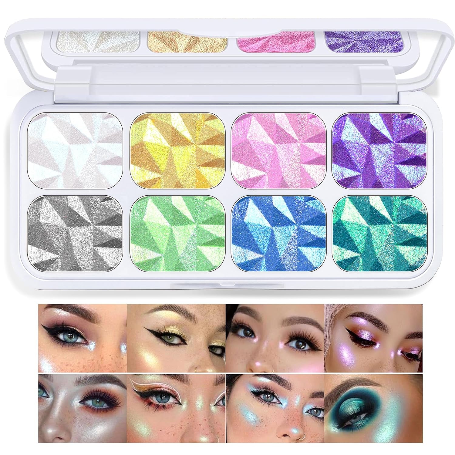 8 Colors Face Highlighter Makeup Palette Diamond Glitter Iluminadores De Maquillaje, Intense-Color Chameleon Eyeshadow Rainbow Shimmer Highlighter Metallic Contour Bronzer Palette
