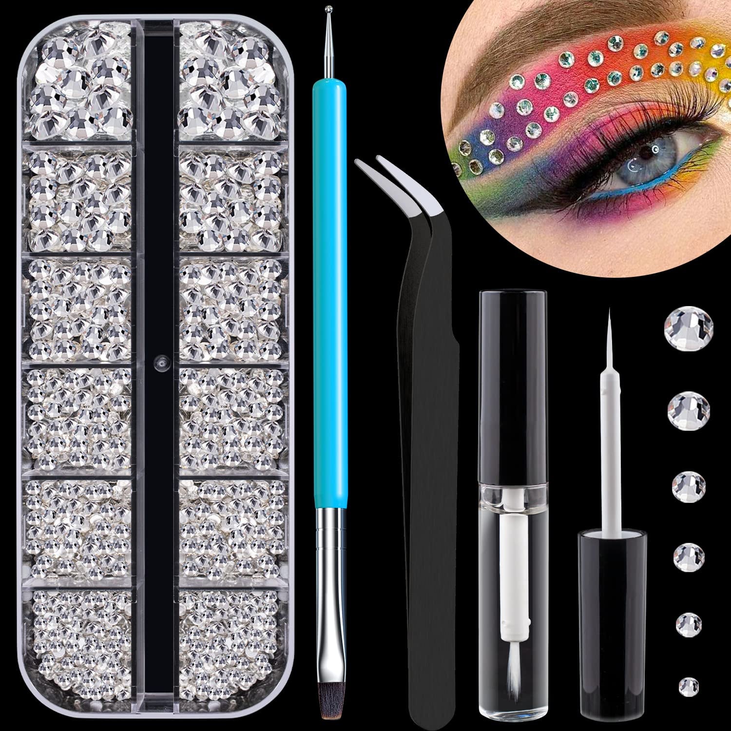 Flat Back Rhinestone Kits Colorful Rhinestones+Crystal Ab&Transparent White Face Gems Nail Gem with Quick Dry Makeup Glue+Picker Pencil+Tweezer for Bedazzling Face Makeup and Nail Art