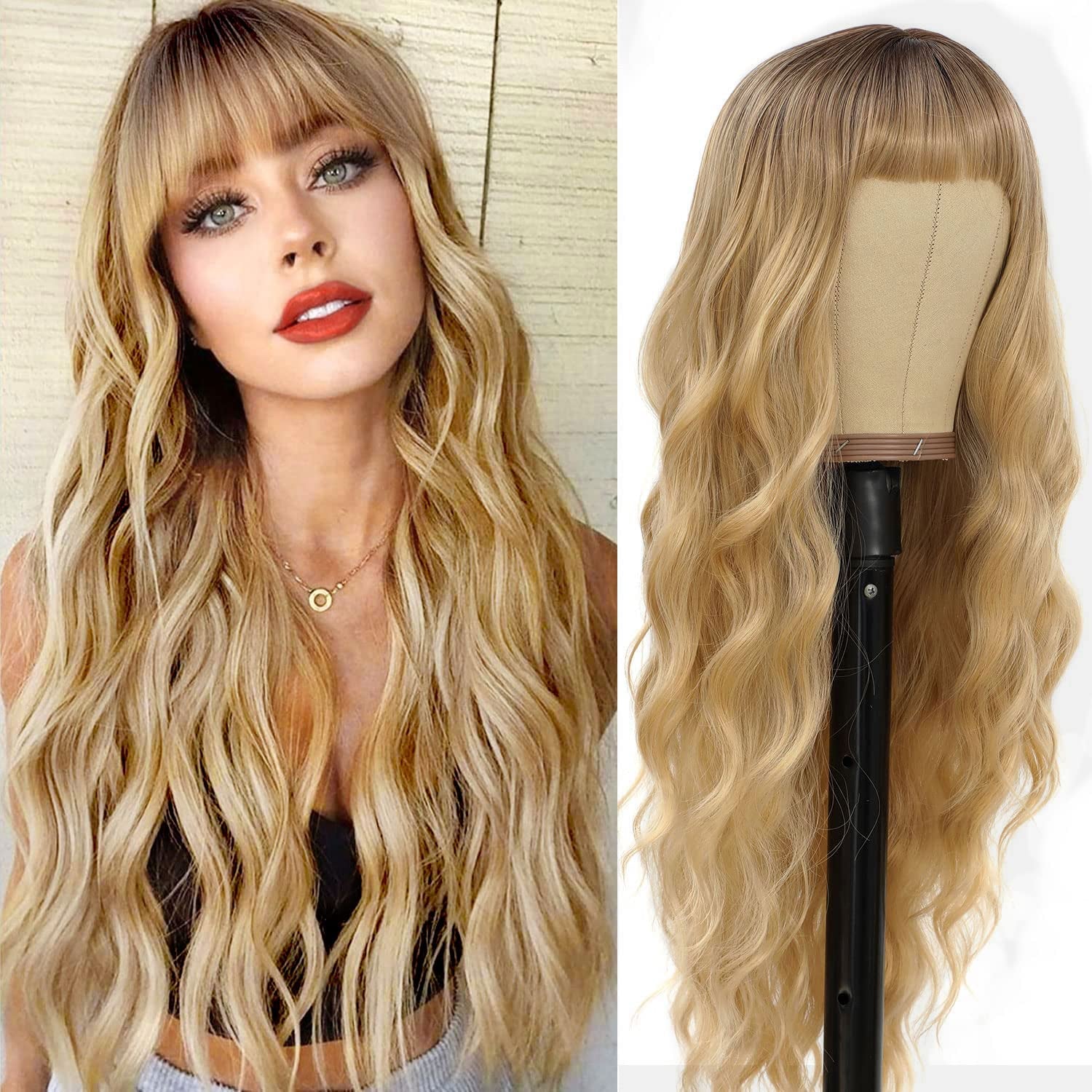 Ombre Blonde Wig with Bangs for Women 613 Synthetic Curly Wigs Long Blonde Wavy Wigs for Cosplay 26 Inch