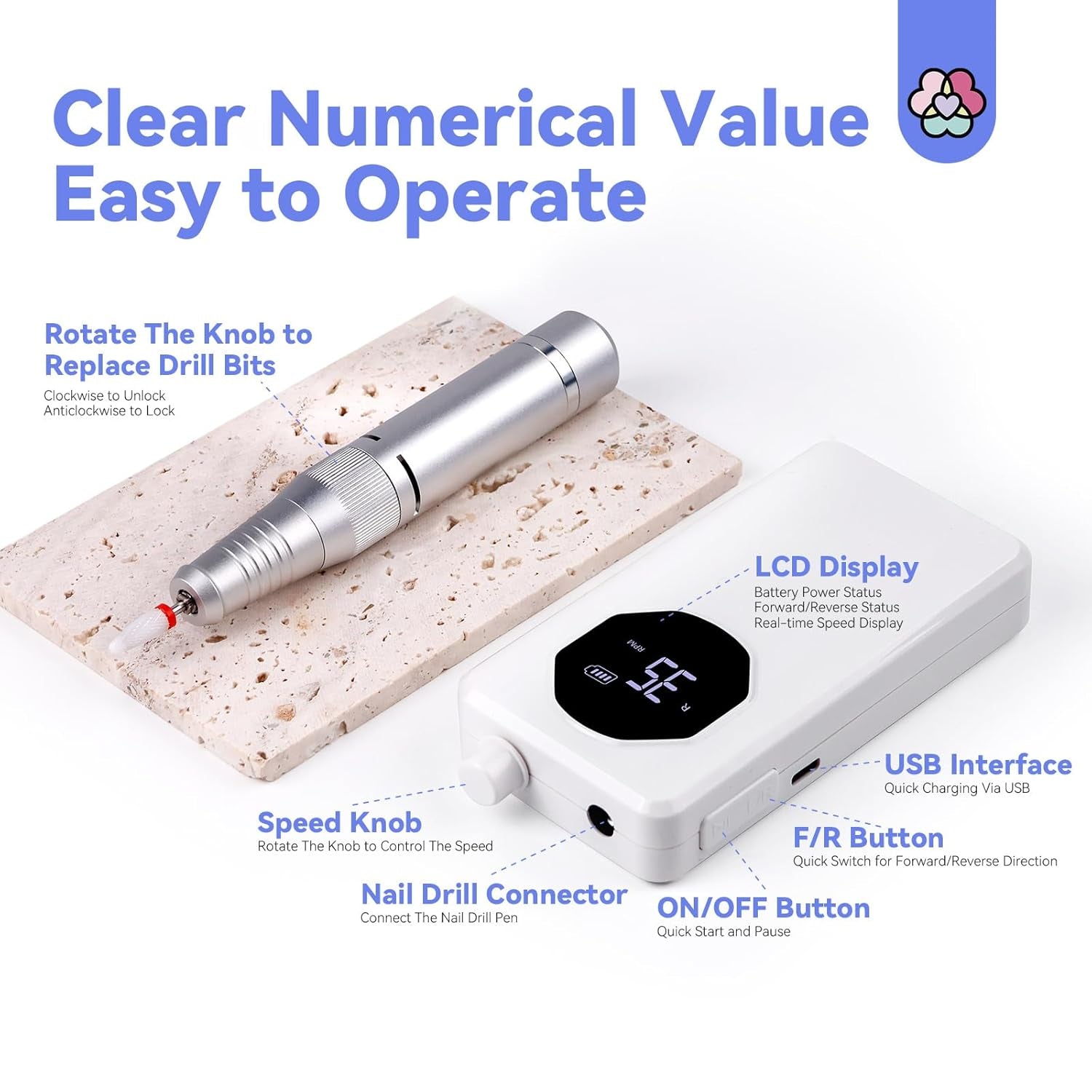 Electric Nail Drill Professional - 35000 RPM Rechargeable Acrylic Nail Drill with Drill Bits Sanding Bands for Nail Art Removal Nail Care for Nails Manicure and Pedicure Kit Salon Use