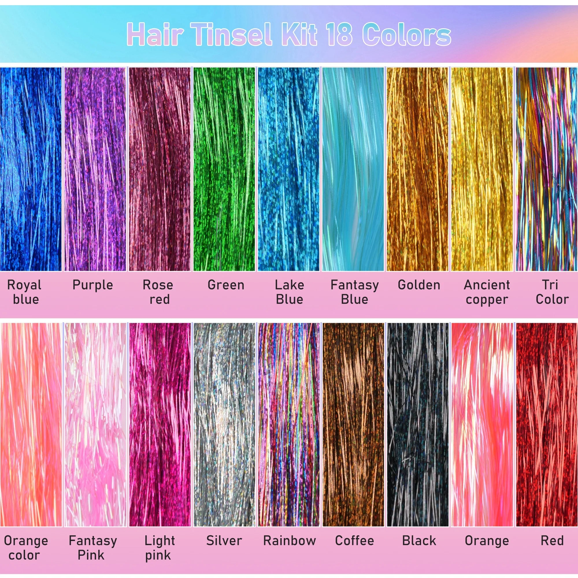 18 Colors 48 Inch Fairy Hair Tinsel Kit,Heat Resistant Colored Hair Extensions,Glitter Hair Tinsel Kit,For Women Hair Accessories