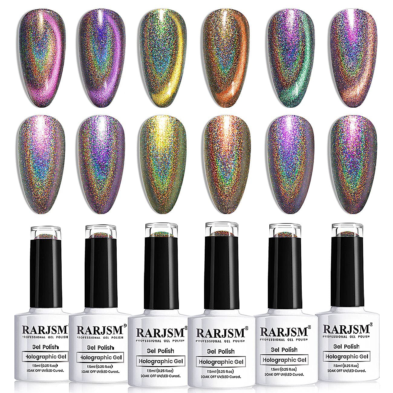 Holographic Gel Nail Polish Set Summer Colors Glitter Gel Polishes Kit Rose Gold Hot Pink Red Violet Bright Purple 6PCS 7.5ML Curing Required Unicorn Mirror Laser Effect for Salon Home Manicure