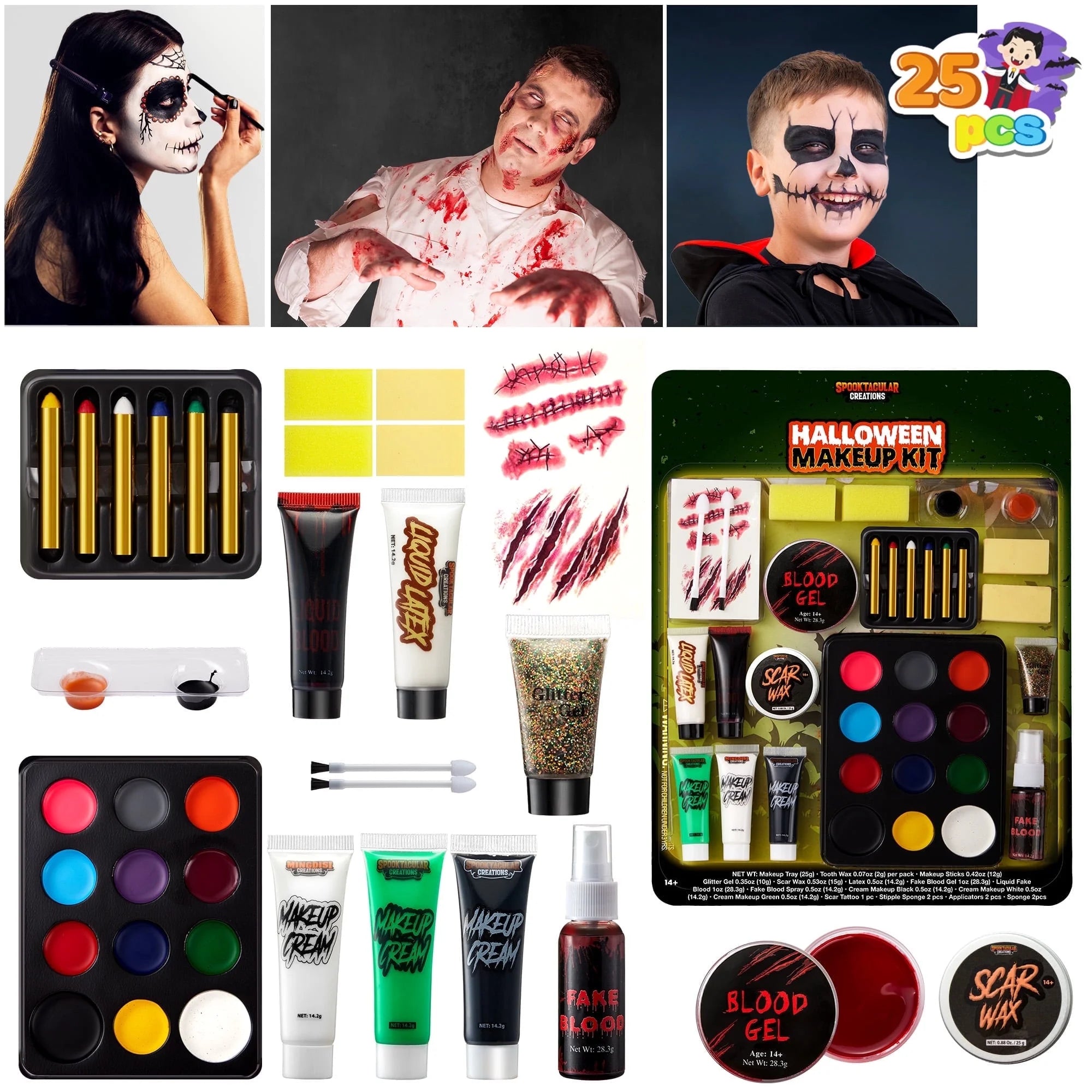 7 Oz Halloween Makeup Palette,Halloween Face Painting Kit SFX Makeup with Double-Headed Brush for Zombie Vampire Cosplay for Adult Kids