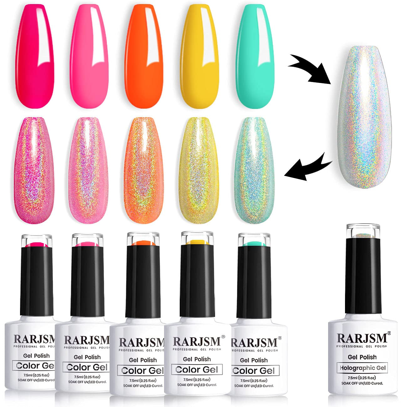 Holographic Gel Nail Polish Set Summer Colors Glitter Gel Polishes Kit Rose Gold Hot Pink Red Violet Bright Purple 6PCS 7.5ML Curing Required Unicorn Mirror Laser Effect for Salon Home Manicure