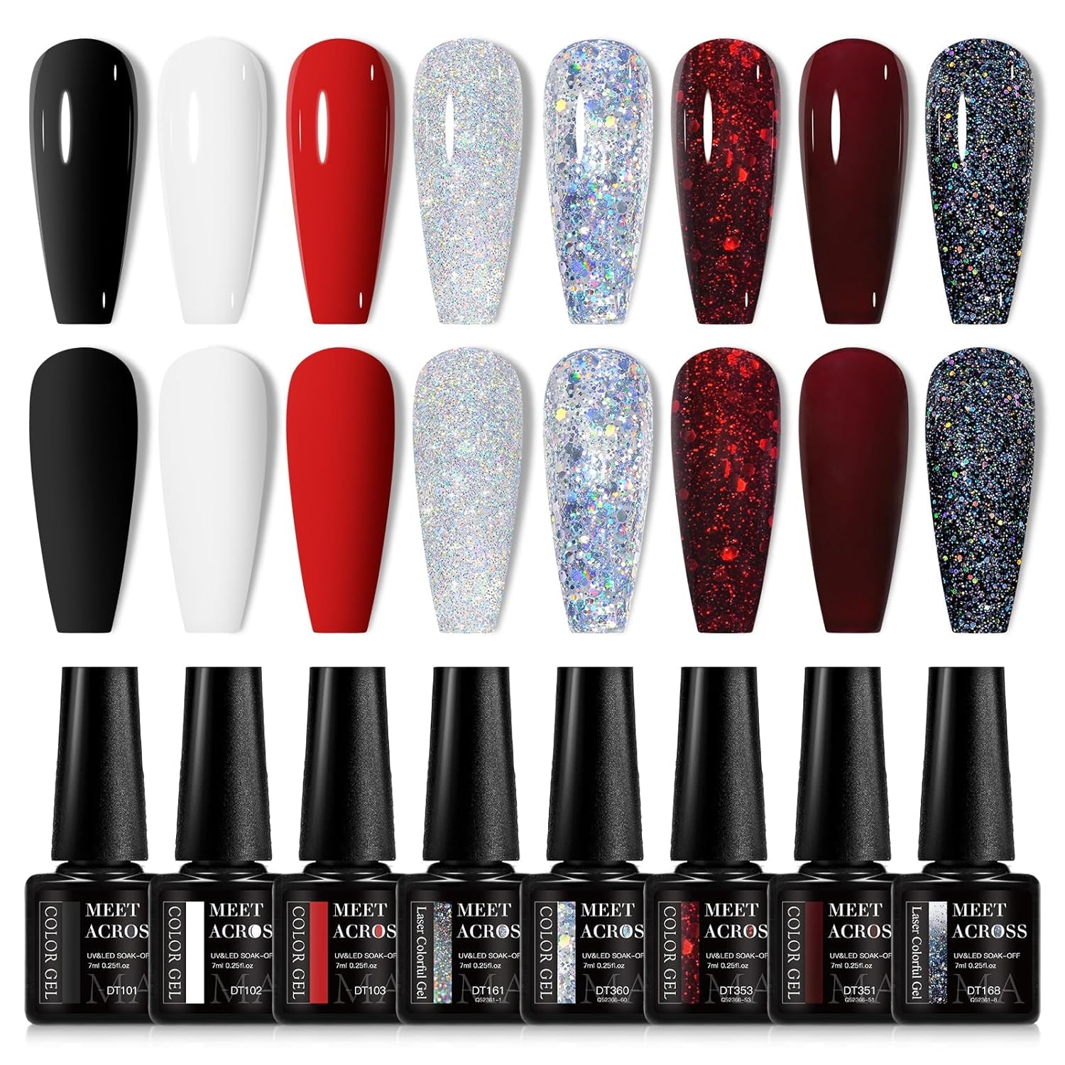 White Red Gel Nail Polish Set, 8 Colors Black Bloody Red Shimmer Red Silver Gel Polish Kit for All Seasons Soak off Gel Nail Manicure Gifts for Women