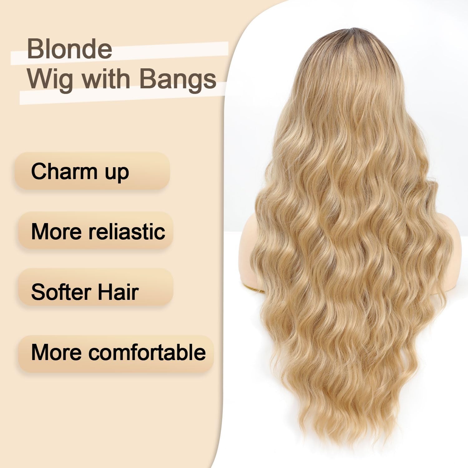 Ombre Blonde Wig with Bangs for Women 613 Synthetic Curly Wigs Long Blonde Wavy Wigs for Cosplay 26 Inch