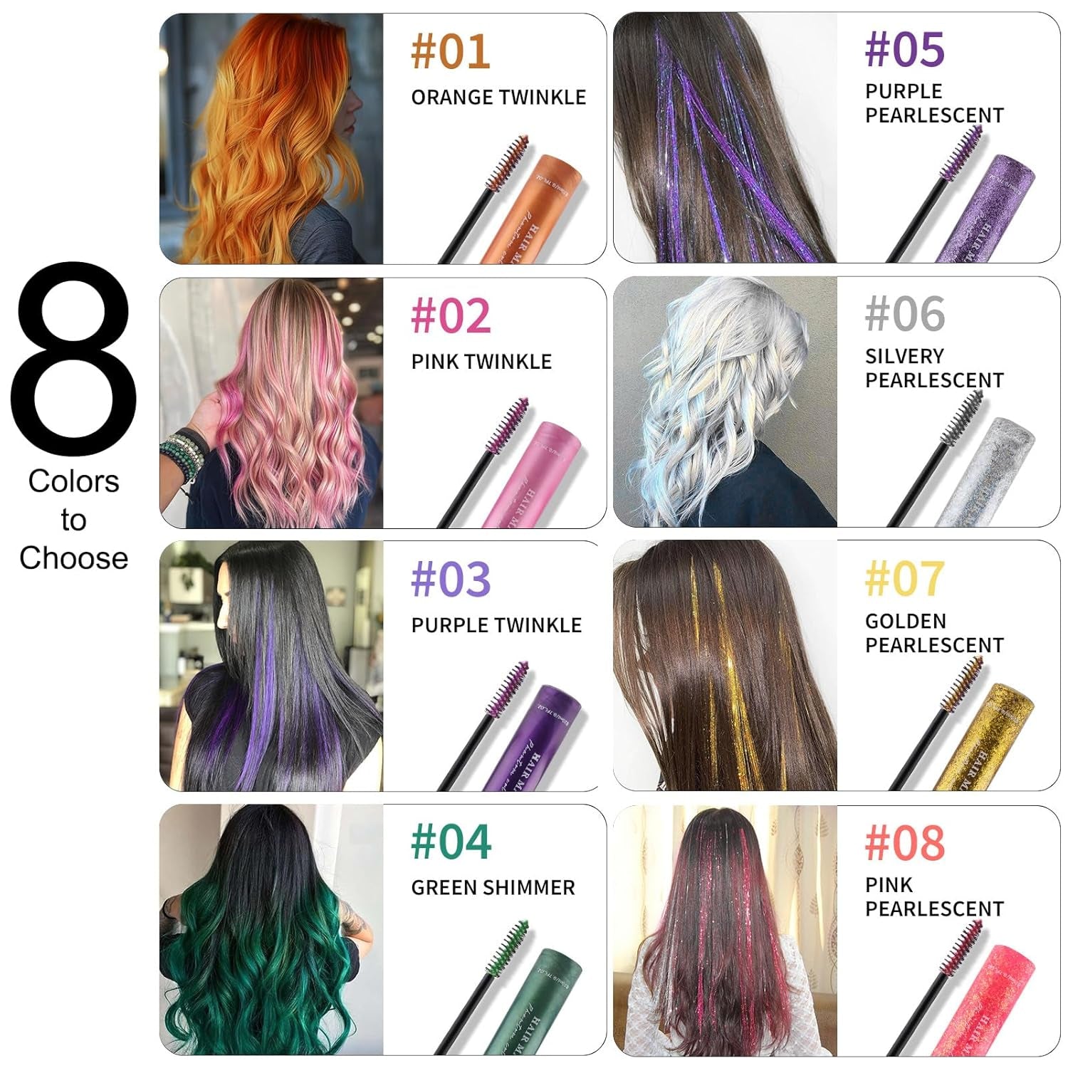 Colored Mascara Set, 8 Colors Waterproof Gift Set - Red, Pink, Purple, Blue, White, Black - Long Lasting, Voluminous Eyelash Mascara