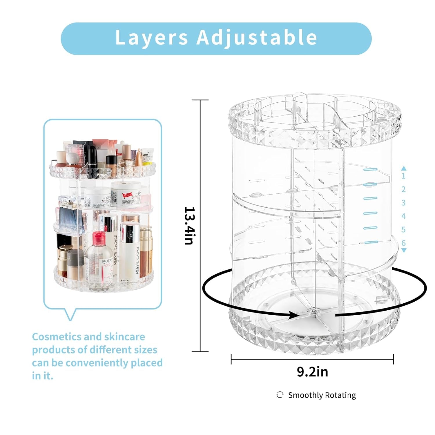360 Rotating Makeup Organizer Perfume Organizer Clear Cosmetic Storage Display Case Large Capacity Acrylic Beauty Holder Adjustable Partition Height for Bedroom Dresser or Bathroom Vanity