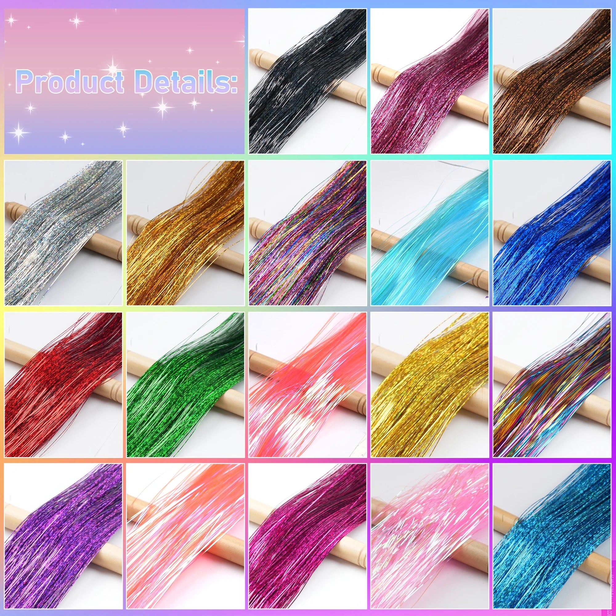 18 Colors 48 Inch Fairy Hair Tinsel Kit,Heat Resistant Colored Hair Extensions,Glitter Hair Tinsel Kit,For Women Hair Accessories