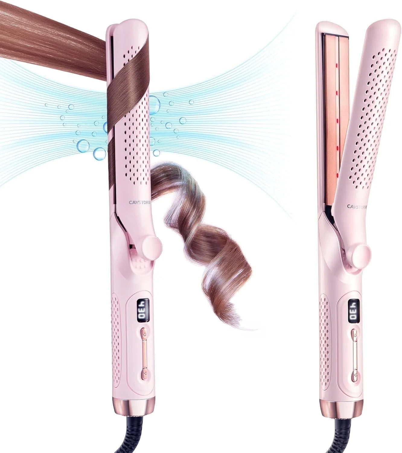 2-In-1 Curling Iron & Hair Straightener, 1 Inch Ceramic Curling Wand for Long Hair, 360° Airflow Styler, Dual Voltage Travel Hair Tool - Pink