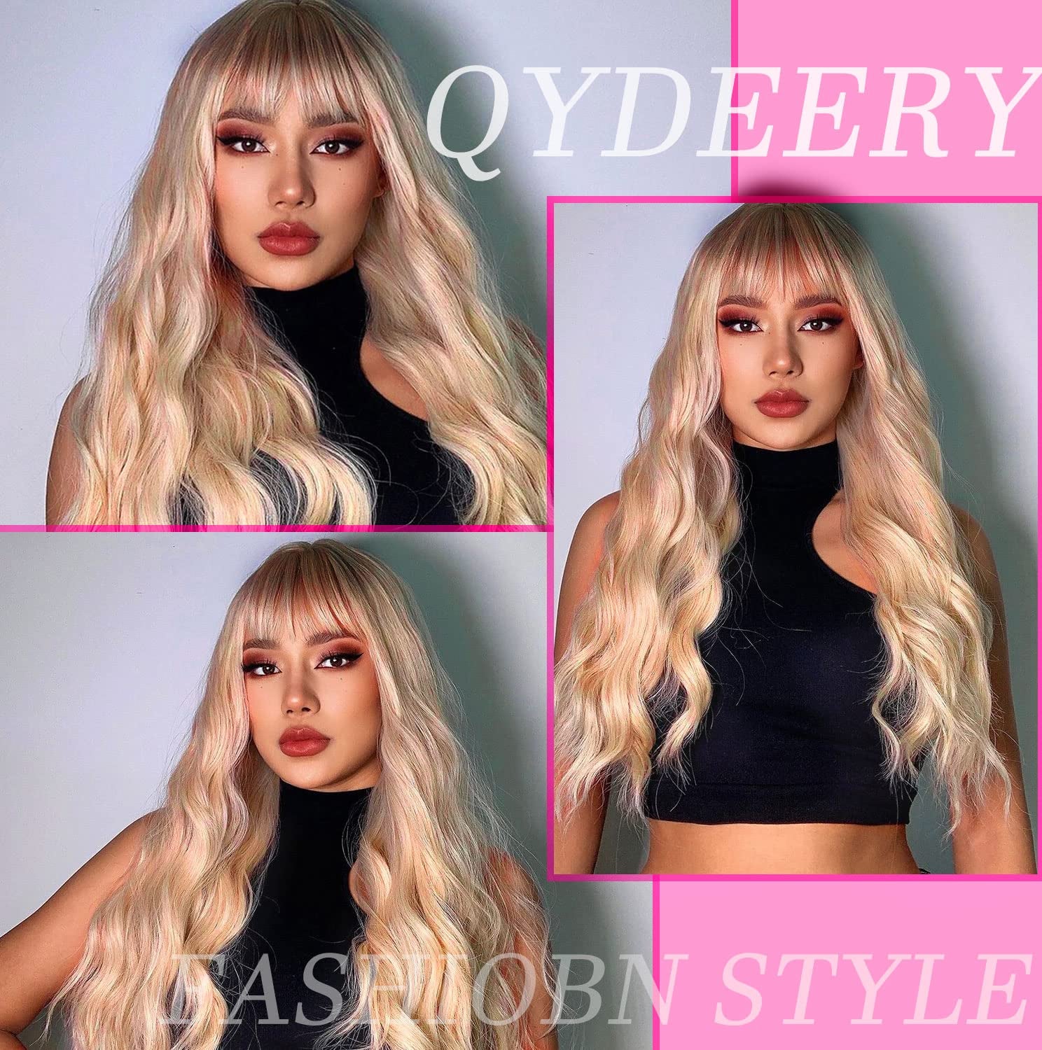 Ombre Blonde Wig with Bangs for Women 613 Synthetic Curly Wigs Long Blonde Wavy Wigs for Cosplay 26 Inch