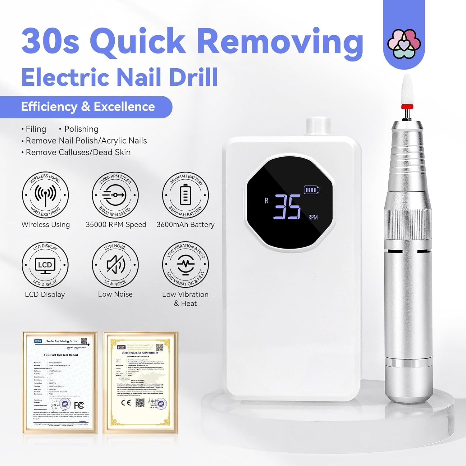 Electric Nail Drill Professional - 35000 RPM Rechargeable Acrylic Nail Drill with Drill Bits Sanding Bands for Nail Art Removal Nail Care for Nails Manicure and Pedicure Kit Salon Use