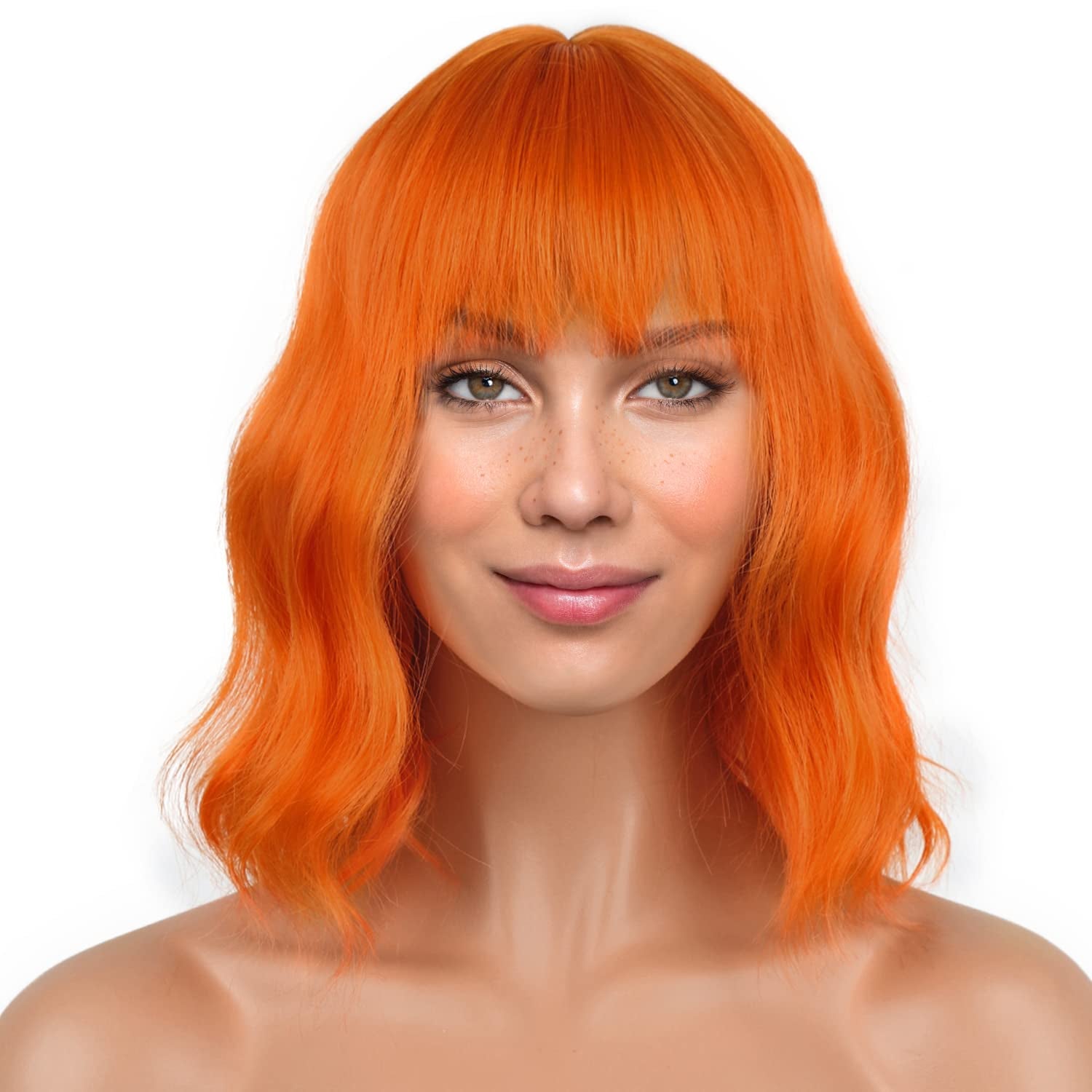 Short Bob Wigs with Bangs for Women Loose Wavy Hair Shoulder Length Orange Wigs Synthetic Colorful Wigs for Cosplay Daily Partyuse(Orange,12Inch)