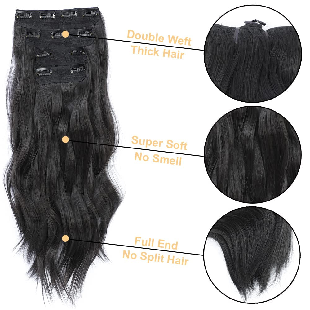 4PCS Clip in Hair Extensions 20Inch Long Wavy Hair Extensions Clip Ins Synthetic Thick Hair Piece for Women(Black)