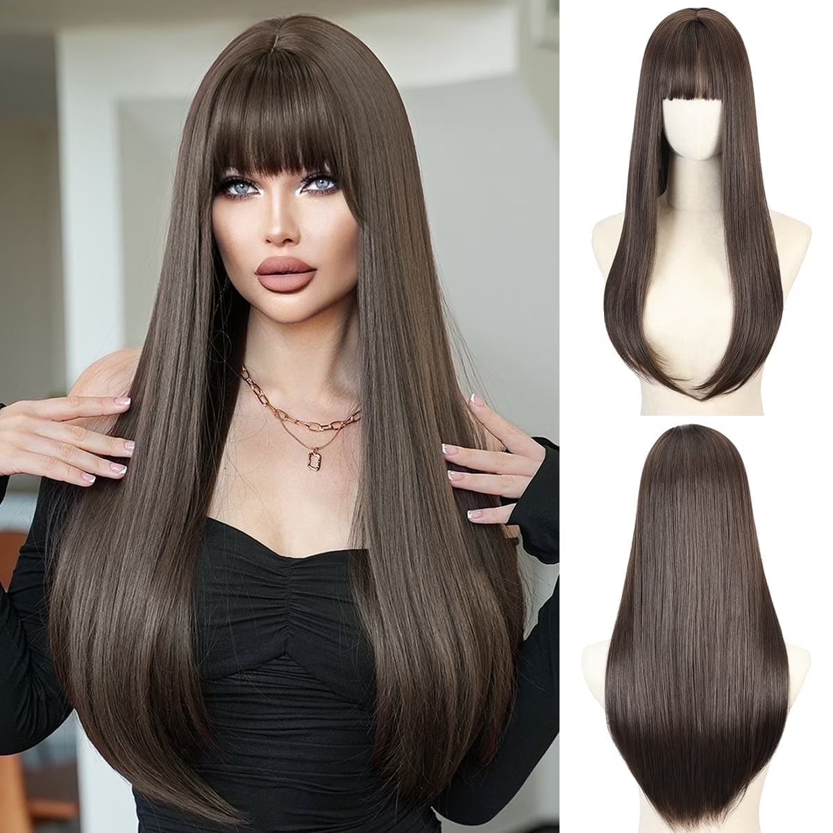Long Straight Black Wigs for Women Synthetic Long Straight Wig with Bangs Looking Natural Black Long Wigs 24 Inch
