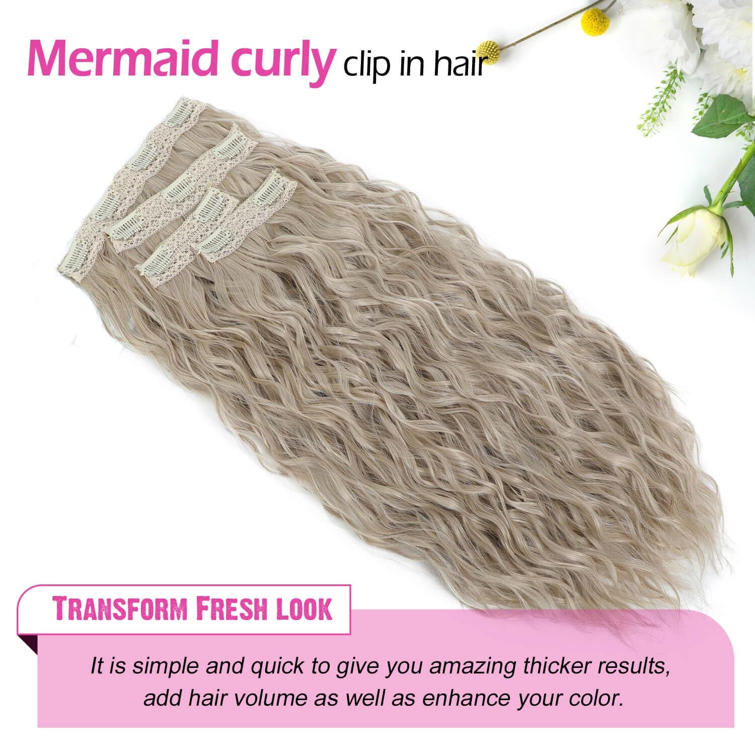 4Pcs Clip in Hair Extensions 20Inch Blonde Soft Invisible Hair Extensions Clip Ins Thick Mermaid Curly Hair Clip Ins Seamless Lace Weft for Women(Ivory Blonde)