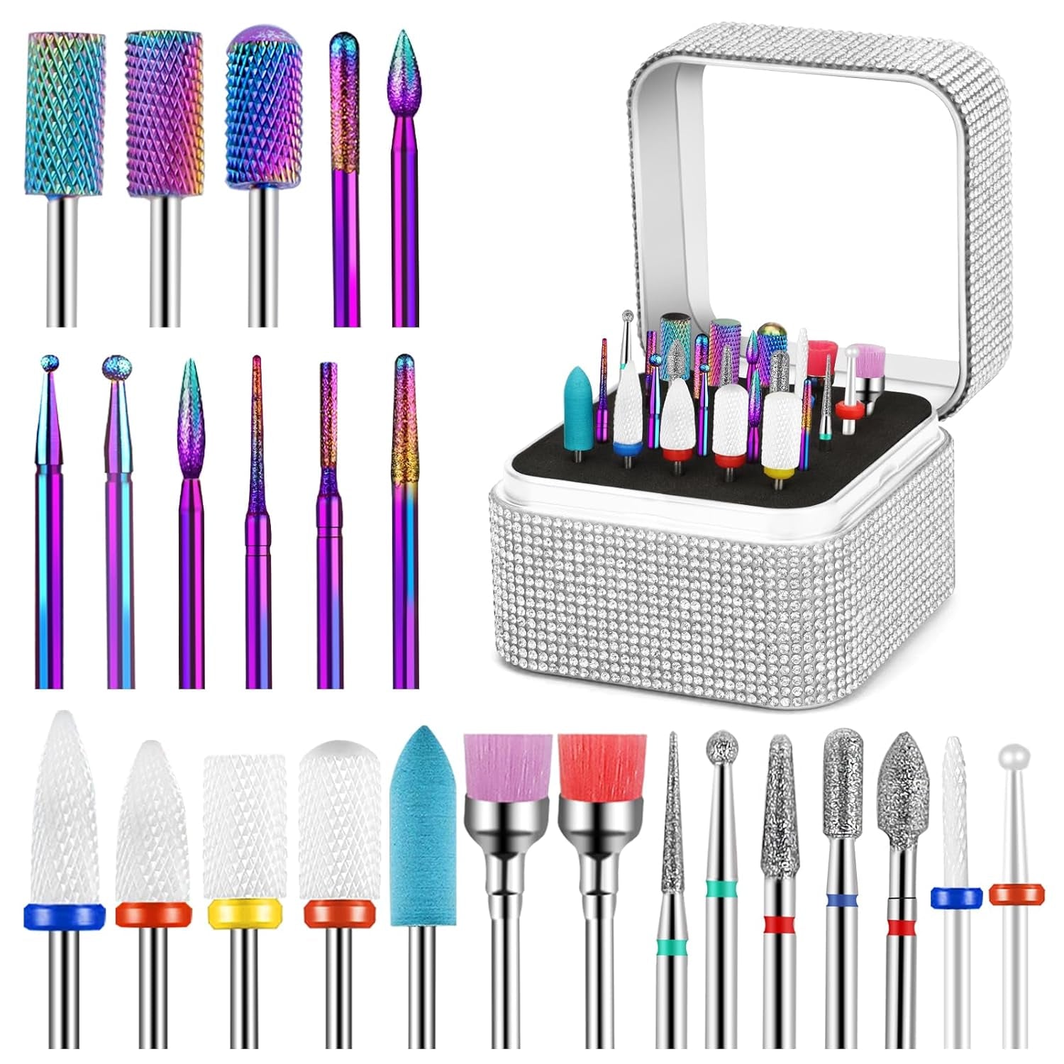 25Pcs Nail Drill Bits Set with Storage Box, 3/32 Inch Tungsten Ceramic Diamond Carbide Nail Drill Bits for Acrylic Gel Polish, Cuticle Efile Remover for Manicure Pedicure
