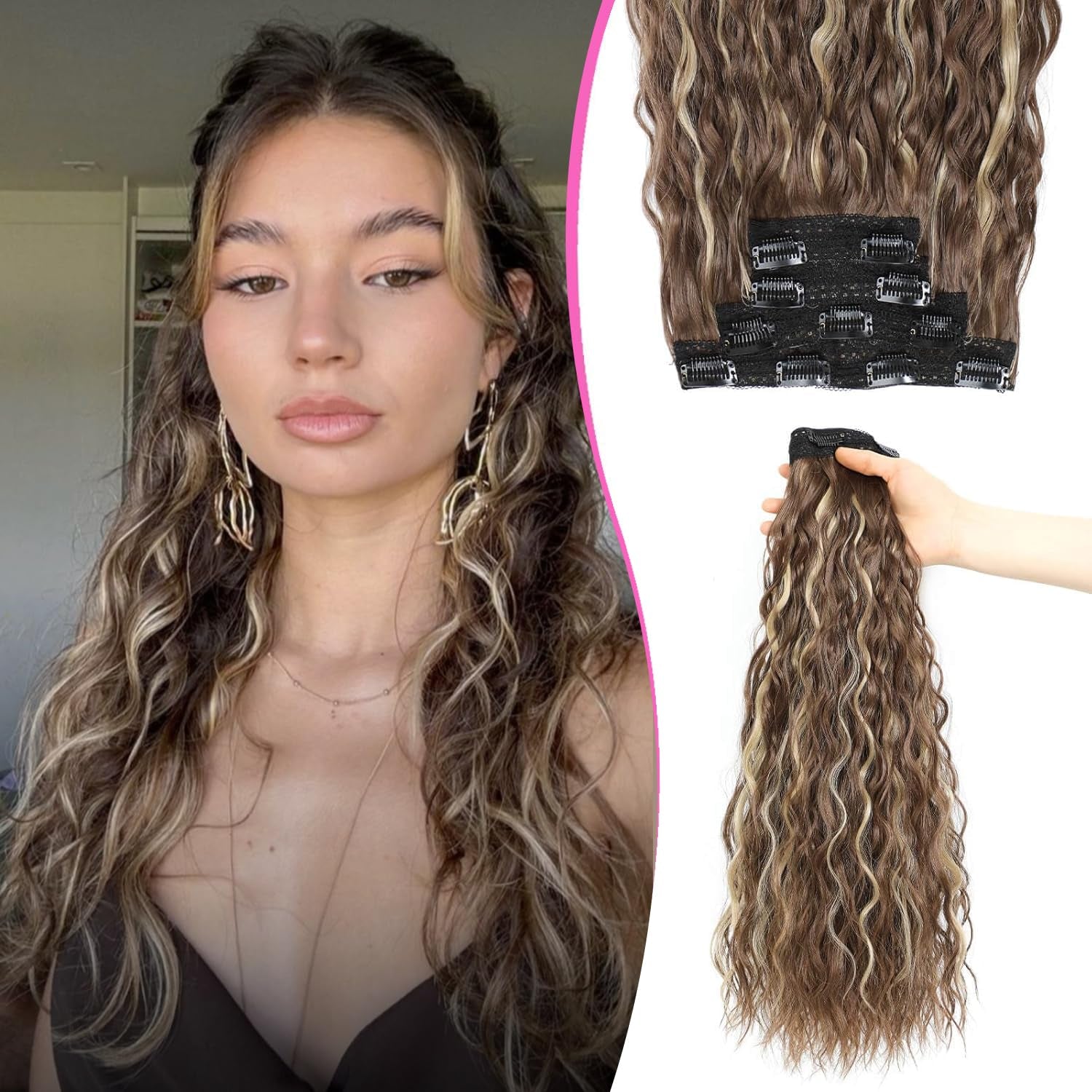 4Pcs Clip in Hair Extensions 20Inch Blonde Soft Invisible Hair Extensions Clip Ins Thick Mermaid Curly Hair Clip Ins Seamless Lace Weft for Women(Ivory Blonde)