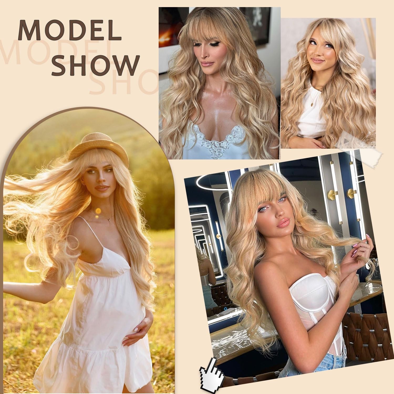 Ombre Blonde Wig with Bangs for Women 613 Synthetic Curly Wigs Long Blonde Wavy Wigs for Cosplay 26 Inch
