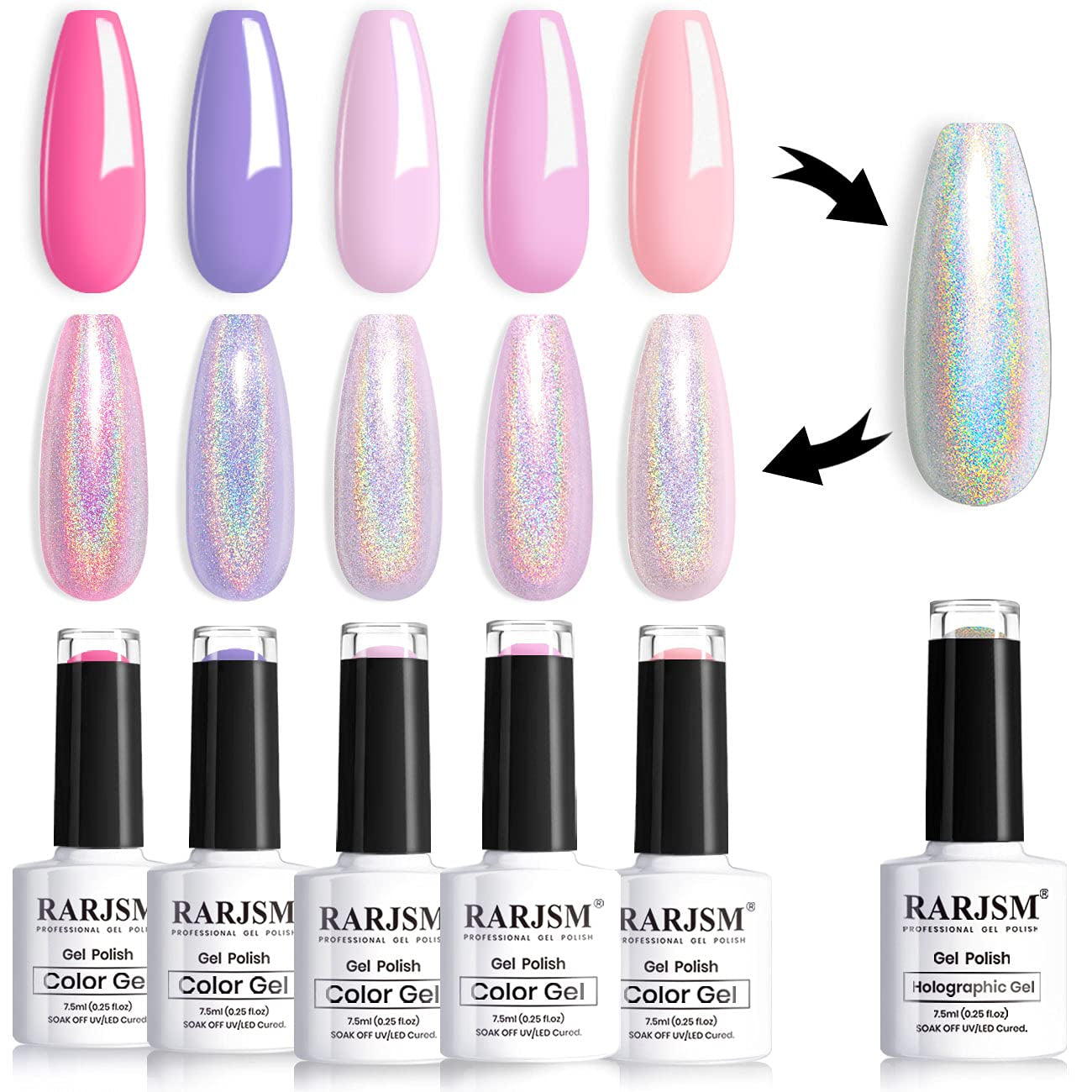 Holographic Gel Nail Polish Set Summer Colors Glitter Gel Polishes Kit Rose Gold Hot Pink Red Violet Bright Purple 6PCS 7.5ML Curing Required Unicorn Mirror Laser Effect for Salon Home Manicure