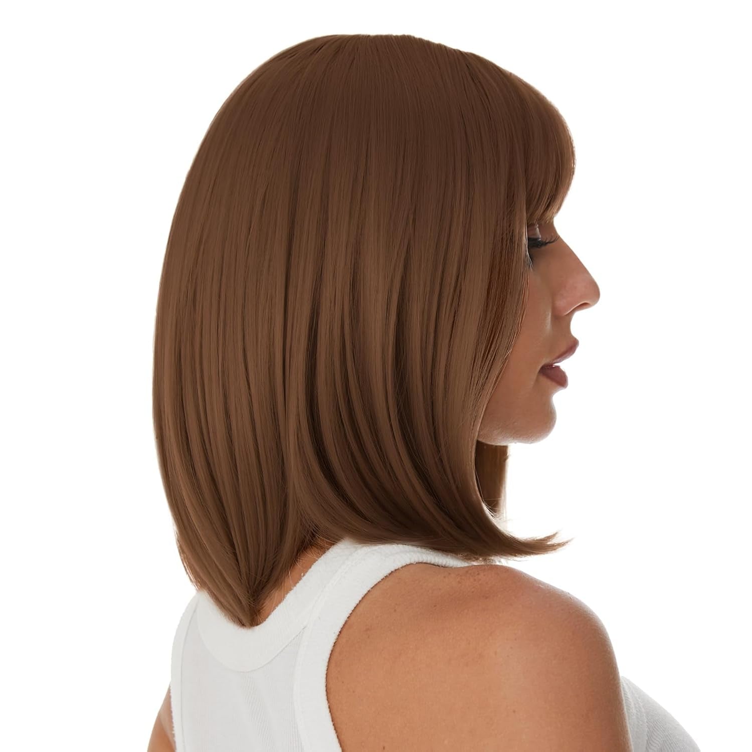 Auburn Bob Wigs with Bangs for Women Short Straight Shoulder Length Heat Resistant Synthetic Wig Light Golden Brown Natural Looking for Daily Cosplay Party