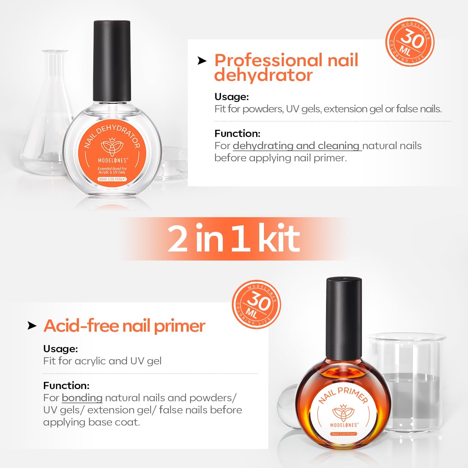 30 Ml Nail Dehydrator and Primer, Acid Free Natural Prep Dehydrate & Bond Primer Kit, Hema-Free Acrylic Nail Supplies Top Coat