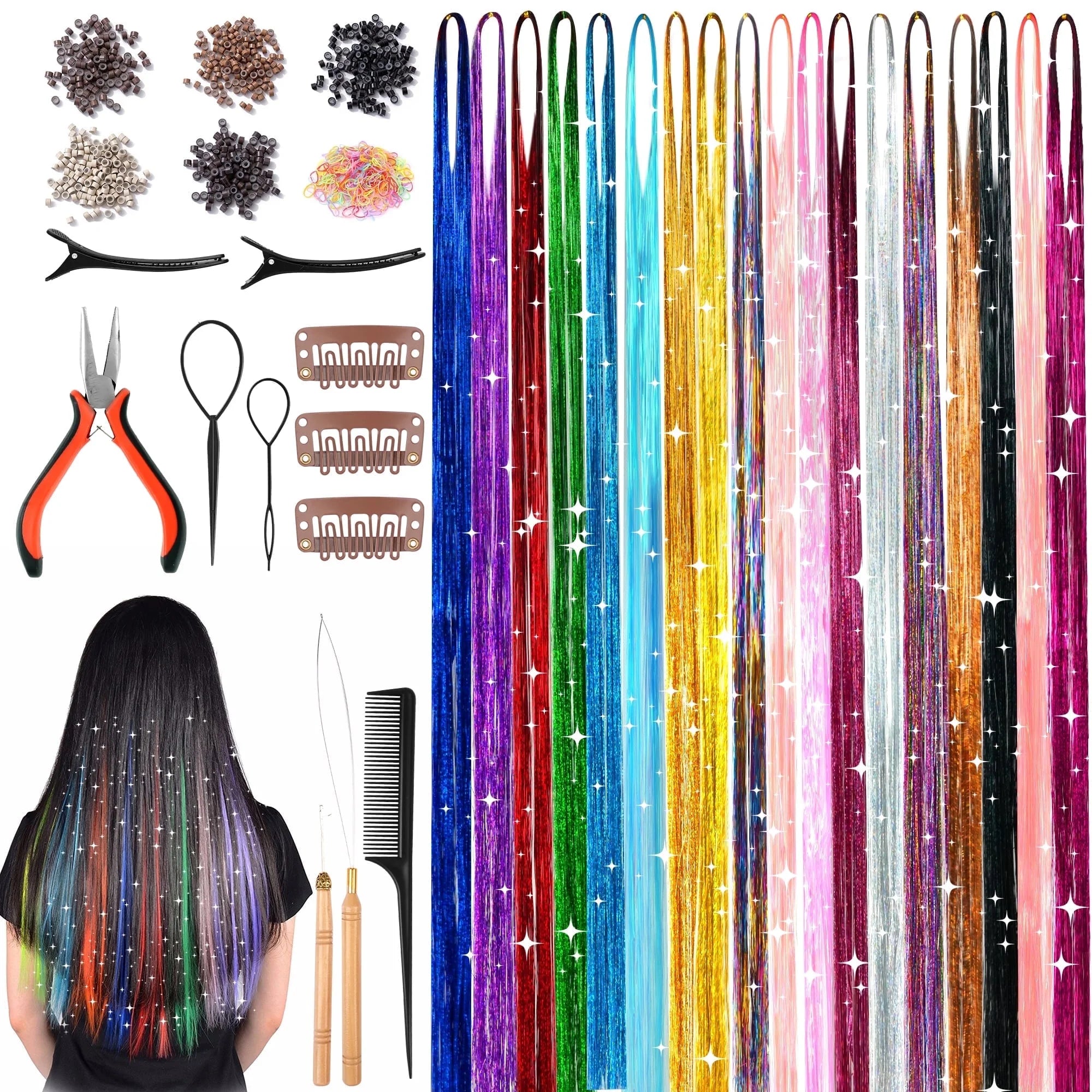 18 Colors 48 Inch Fairy Hair Tinsel Kit,Heat Resistant Colored Hair Extensions,Glitter Hair Tinsel Kit,For Women Hair Accessories