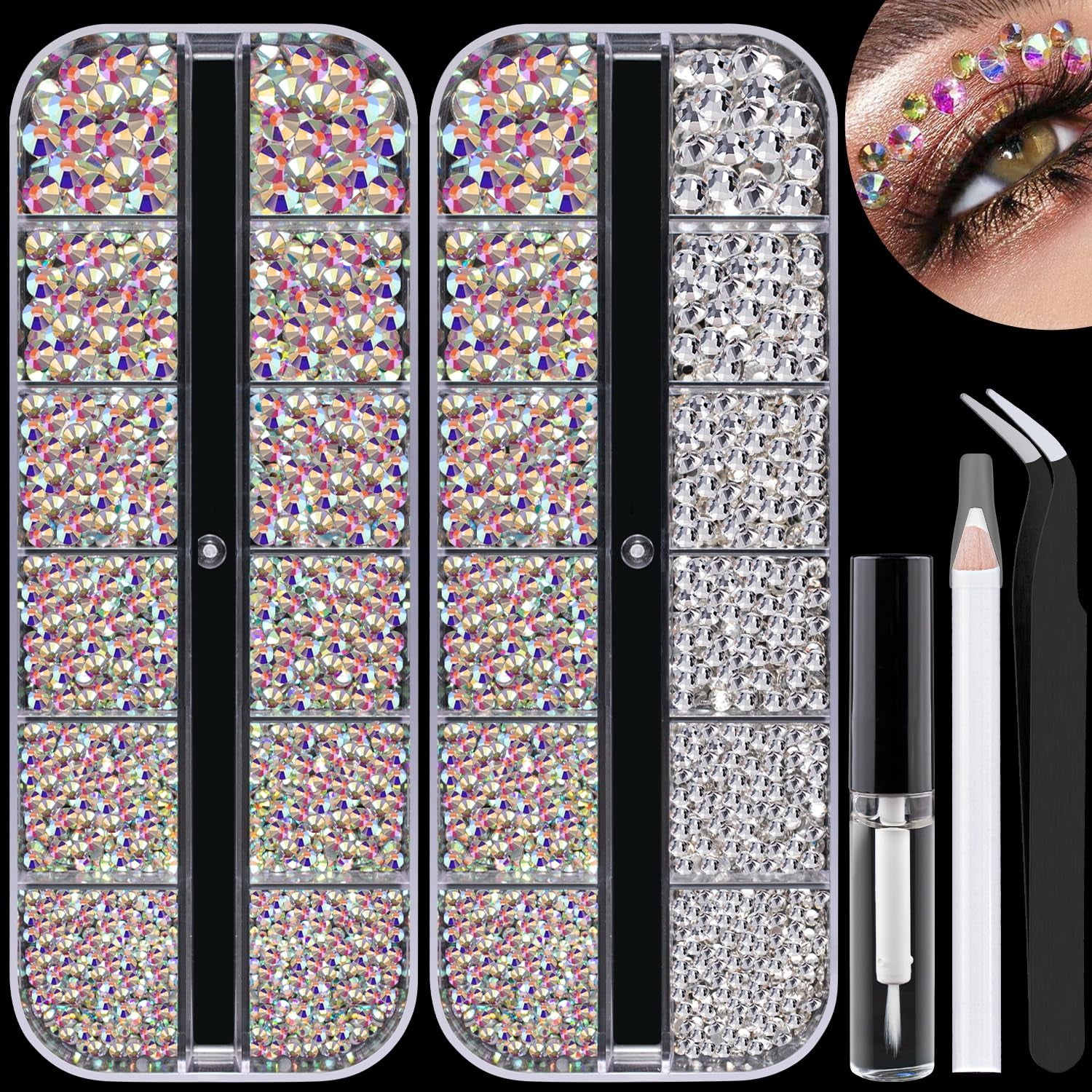 Colorful Face Gems for Makeup Set, Flatback Gorgeous Charming Shining Ab&Clear Glass Gems, AB Gems with Makeup Glue, Tweezer, Picker Pencil for Eye Body Hair Make-Up and Nail Art Deco