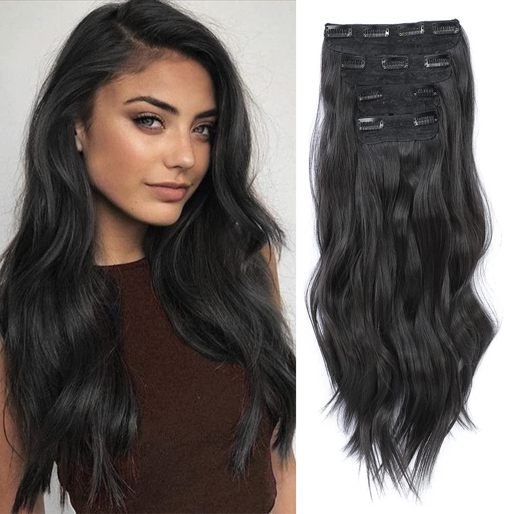 4PCS Clip in Hair Extensions 20Inch Long Wavy Hair Extensions Clip Ins Synthetic Thick Hair Piece for Women(Black)