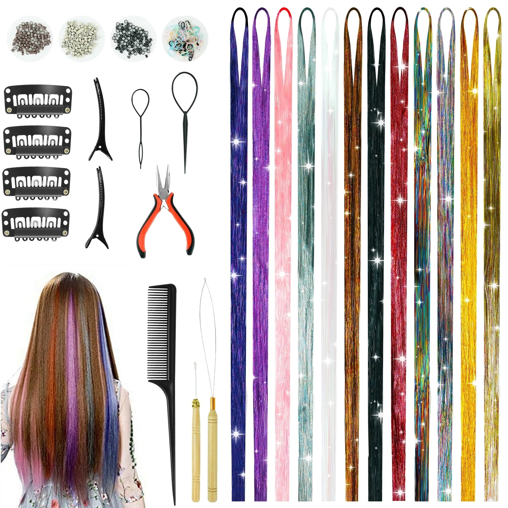 18 Colors 48 Inch Fairy Hair Tinsel Kit,Heat Resistant Colored Hair Extensions,Glitter Hair Tinsel Kit,For Women Hair Accessories