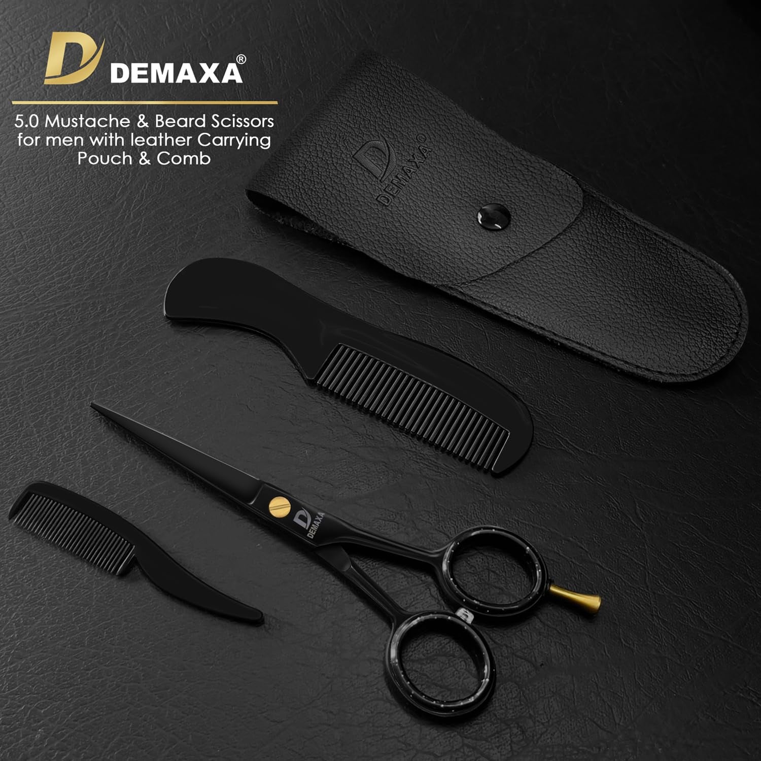 5" Professional Beard Scissor for Men Mustache Scissors with 1 Mustache Comb, 1 Beard Comb & Pouch – Prefect Beard Trimming Scissors for All Facial Hair – Grooming Scissors Men Mustache Kit