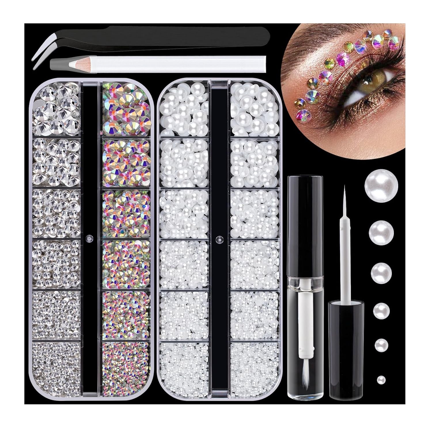 Flat Back Rhinestone Kits Colorful Rhinestones+Crystal Ab&Transparent White Face Gems Nail Gem with Quick Dry Makeup Glue+Picker Pencil+Tweezer for Bedazzling Face Makeup and Nail Art