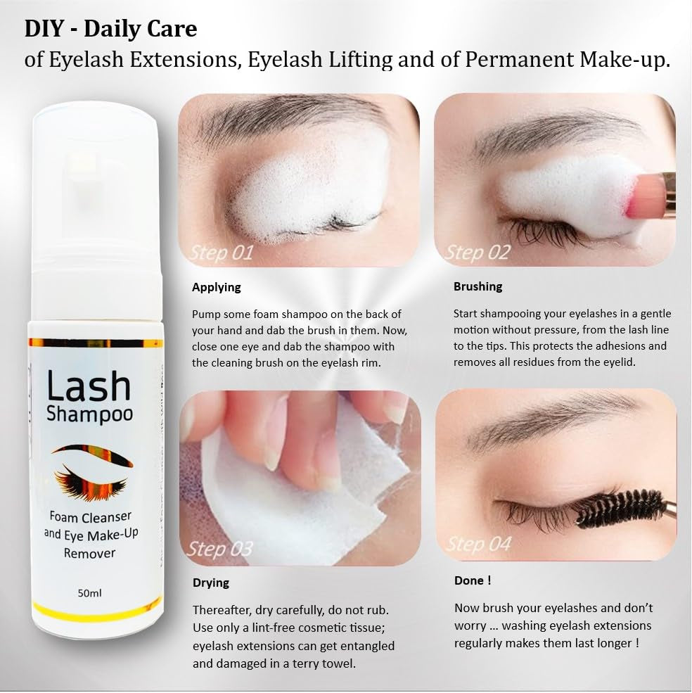 Eyelash Shampoo, Micellar Foam Cleanser with Wild Rose, Lash Shampoo with Foam Nozzle, Eyelash Care Incl. Brush, Makeup and Eyelid Cleanser, 50 Ml