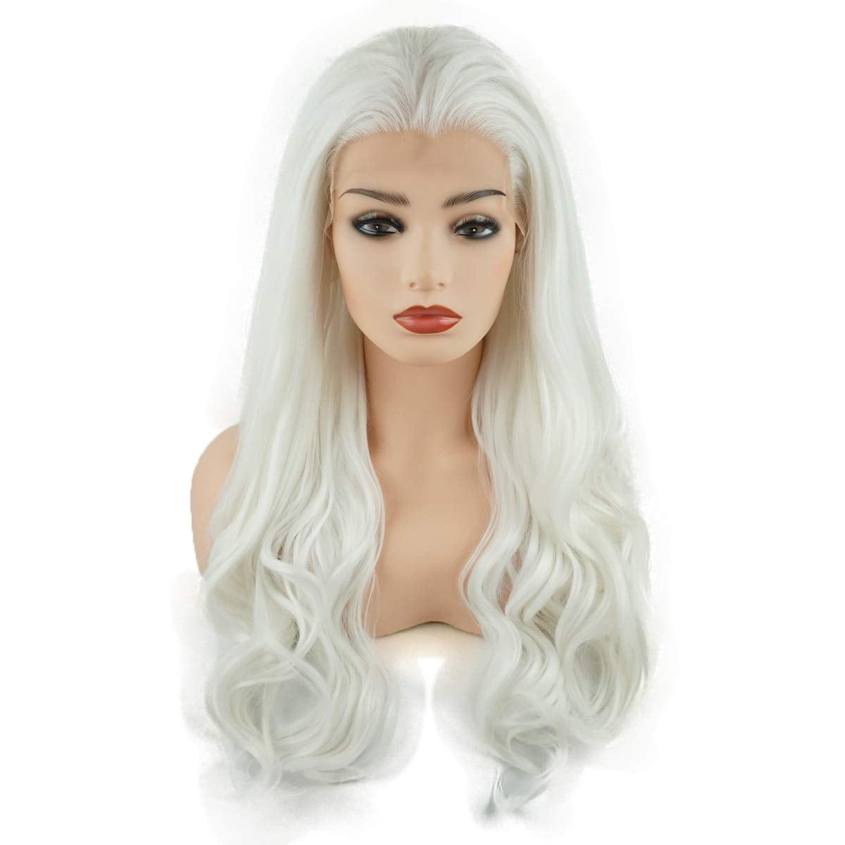 Hair Wavy Long 24Inch White Half Hand Tied Heavy Density Realistic Synthetic Lace Front Wig
