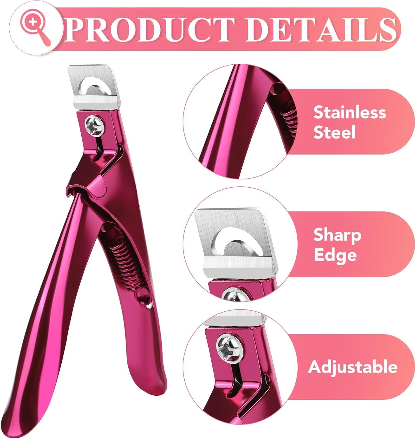 False Nail Clippers with Magnets Stainless Steel Nail Cutter for Acrylic Nail Nail Clippers with 15Pcs Small Magnets for Home Salon Nail Art (Pink)
