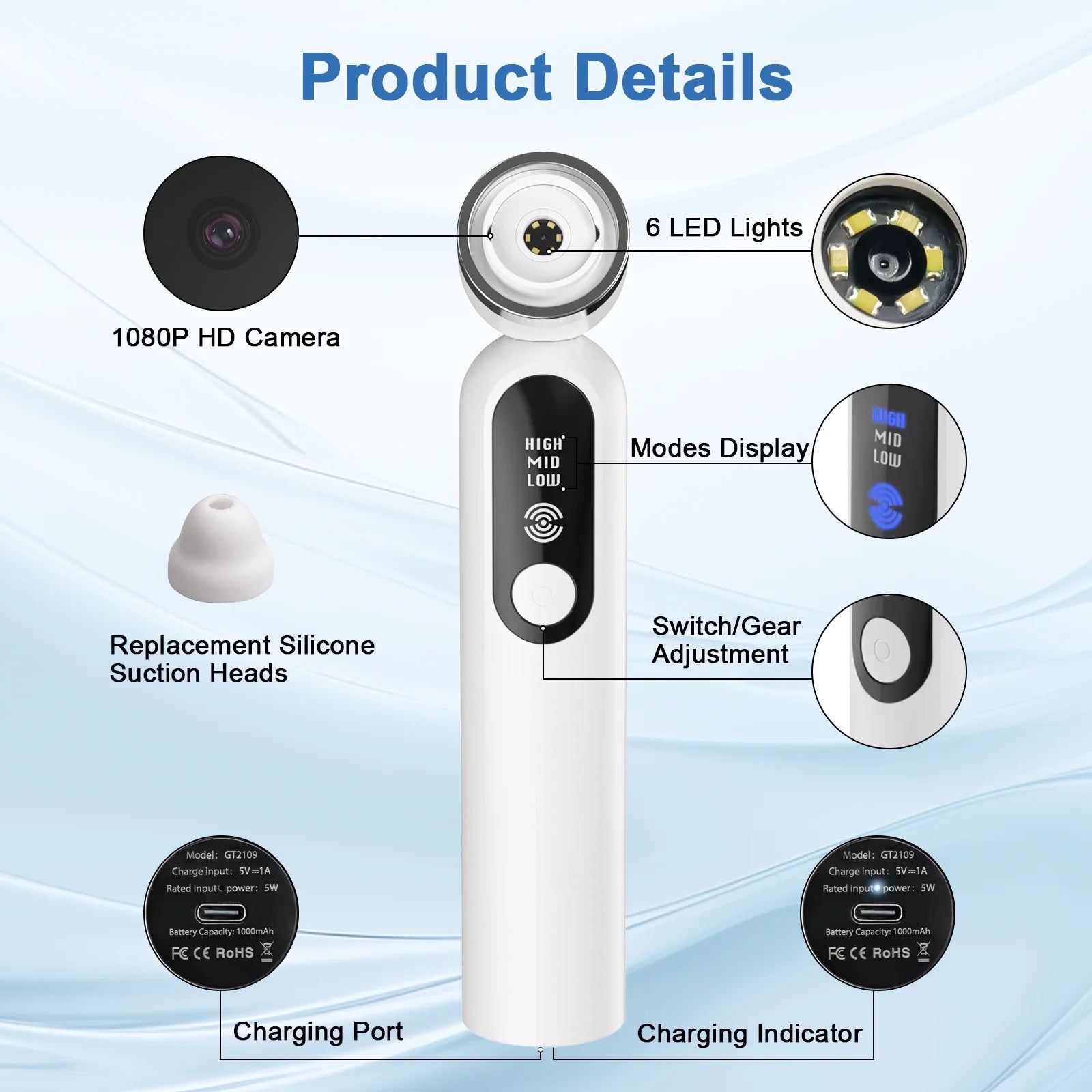 Blackhead Remover Vacuum, Blackhead Extractor with Camera, Pore Cleanser for Men and Women, Skin Care Tool with 5 Probes