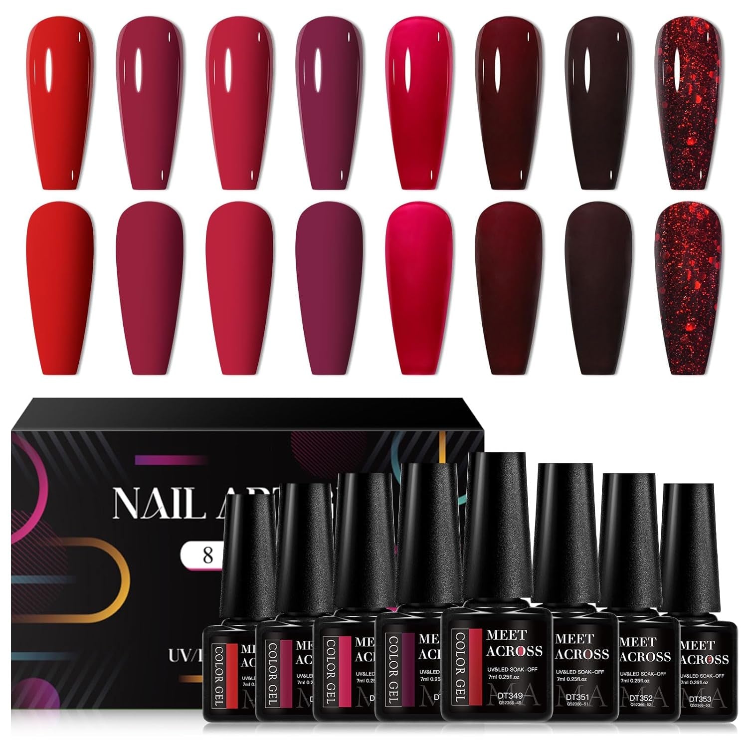 White Red Gel Nail Polish Set, 8 Colors Black Bloody Red Shimmer Red Silver Gel Polish Kit for All Seasons Soak off Gel Nail Manicure Gifts for Women