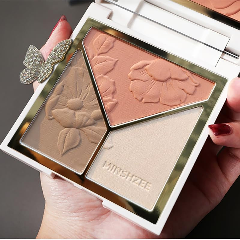 Face Highlighter & Contouring & Blush Palette Natural Shiny Contour Highlight Lasting Lightweight Face Blush with Mirror and Brush