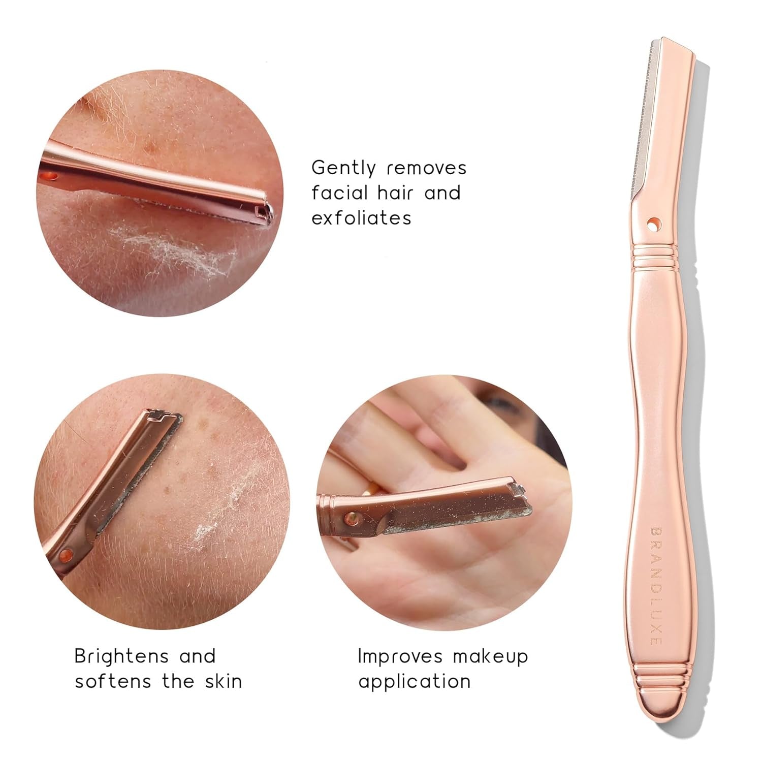 Dermaplaning Tool for Face, Eyebrow Shaping, Hair Removal and Exfoliation. Eco-Friendly Design. Includes 3 Swedish Stainless Steel Blades in Rosegold (Starter Kit)