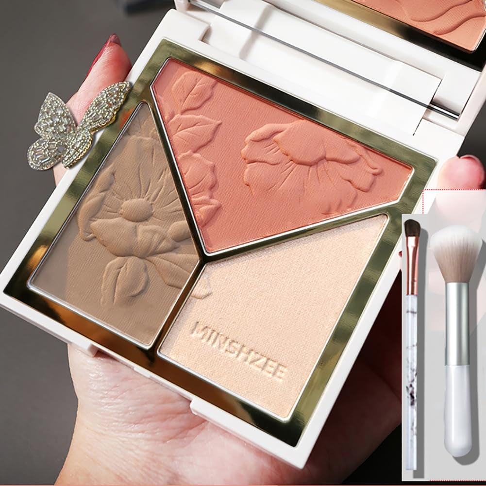 Face Highlighter & Contouring & Blush Palette Natural Shiny Contour Highlight Lasting Lightweight Face Blush with Mirror and Brush