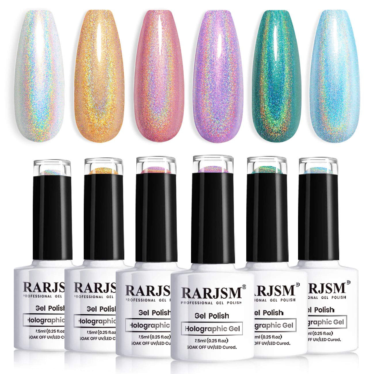 Holographic Gel Nail Polish Set Summer Colors Glitter Gel Polishes Kit Rose Gold Hot Pink Red Violet Bright Purple 6PCS 7.5ML Curing Required Unicorn Mirror Laser Effect for Salon Home Manicure