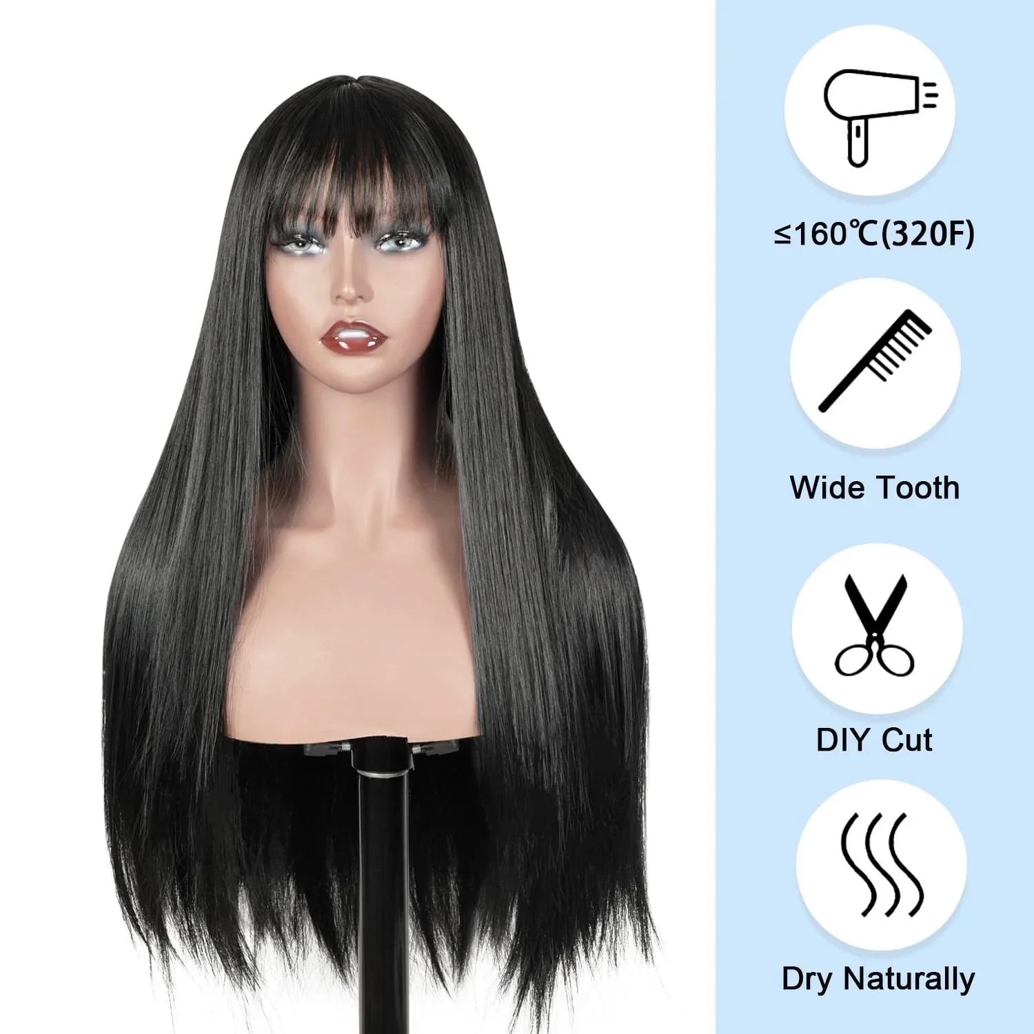 Long Straight Black Wigs for Women Synthetic Long Straight Wig with Bangs Looking Natural Black Long Wigs 24 Inch
