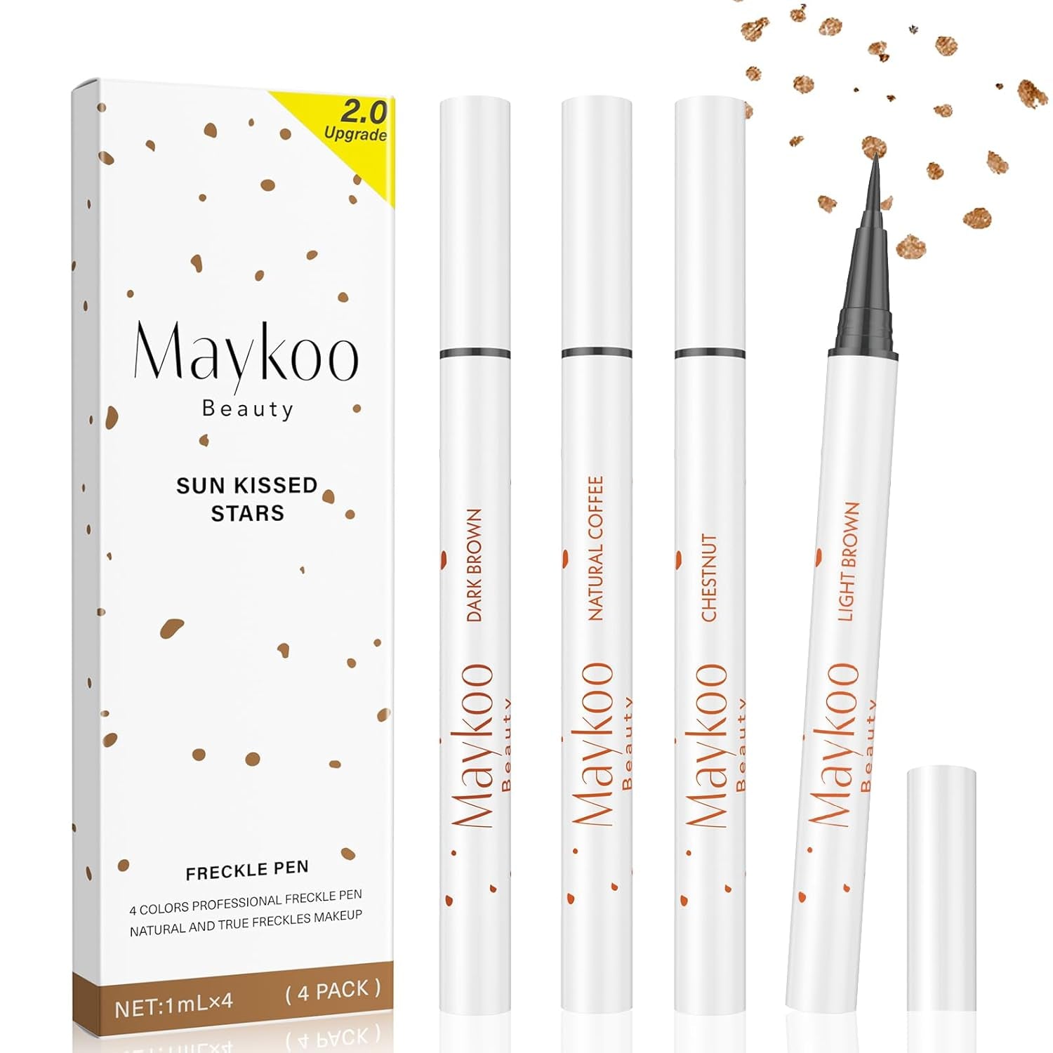4 Colors Freckle Pen, Natural Lifelike Face Fake Freckle Makeup Pen Waterproof Long Lasting Quick Dry 0.1 Mm Ultra-Fine Faux Freckles 4 Pack - Light Brown, Natural Coffee, Chestnut, Dark Brown