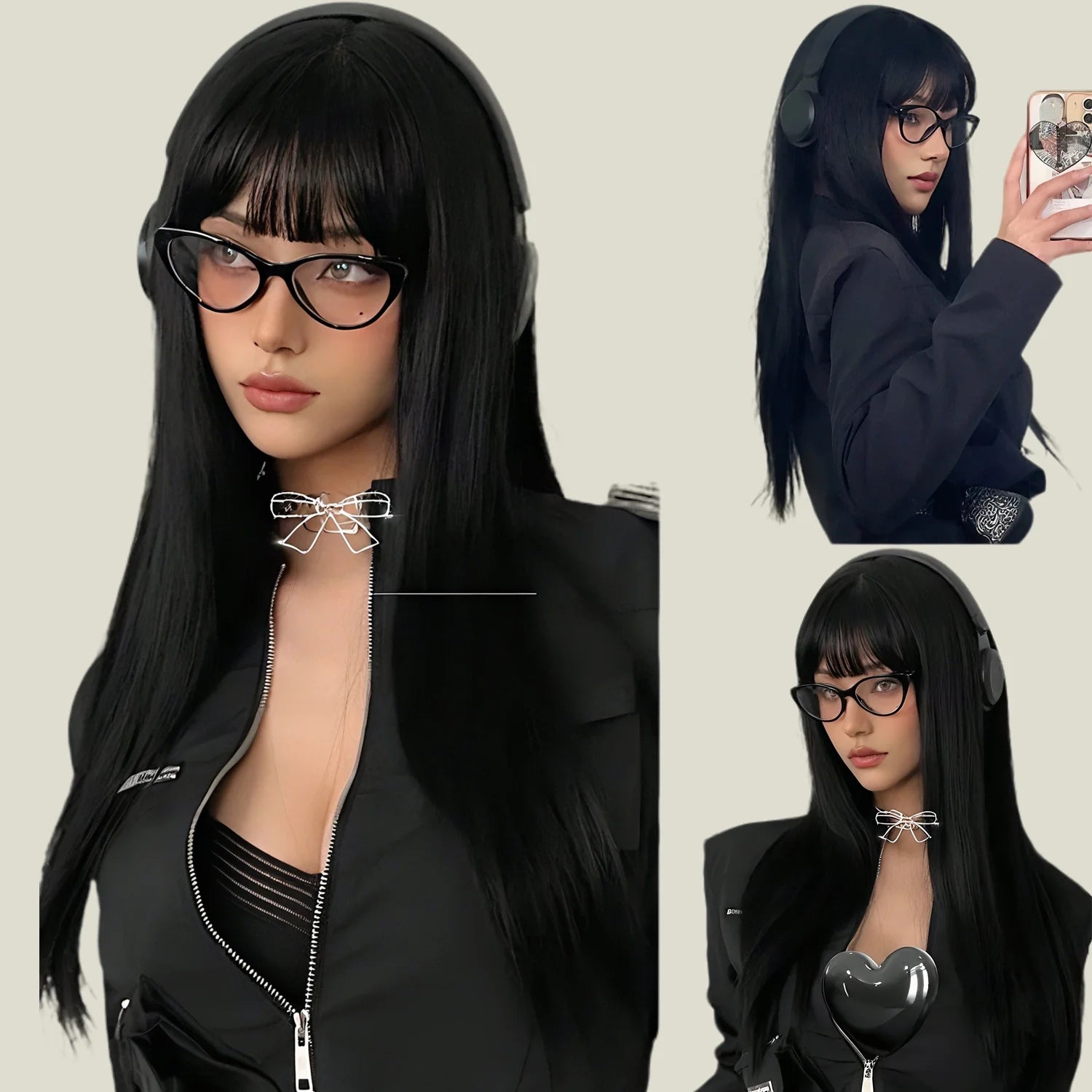 Long Straight Black Wigs for Women Synthetic Long Straight Wig with Bangs Looking Natural Black Long Wigs 24 Inch