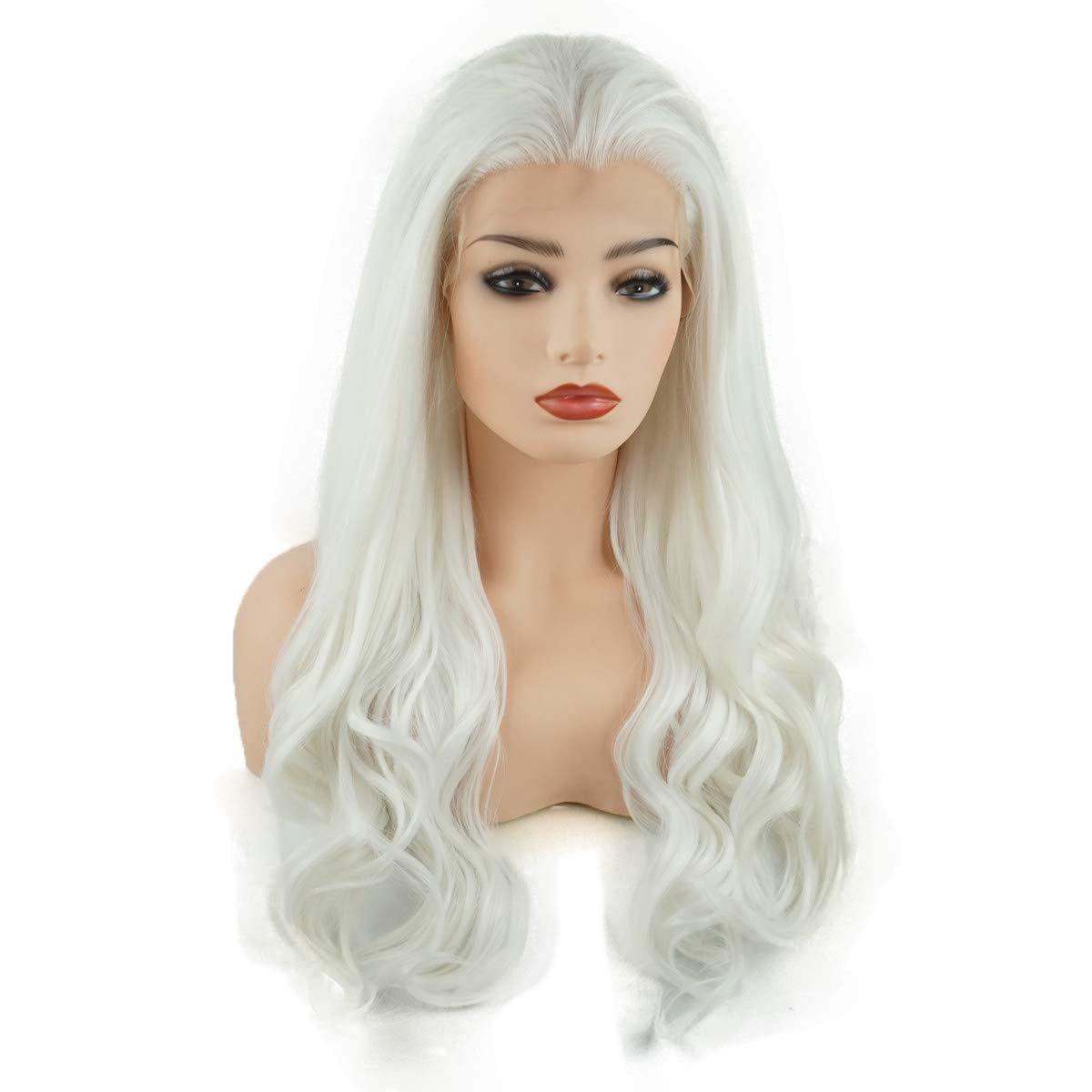 Hair Wavy Long 24Inch White Half Hand Tied Heavy Density Realistic Synthetic Lace Front Wig